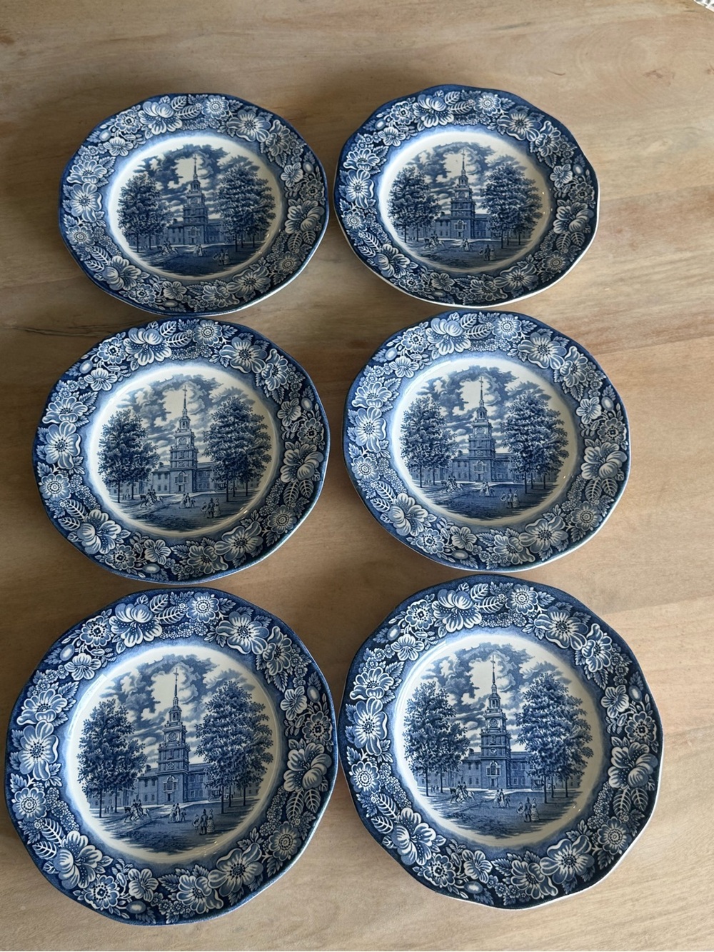 Gorgeous vintage set of 6 Liberty Blue Staffordshire Ironstone Dinner Plates - Picture 2 of 15